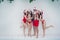 Full size photo of mature man with pretty girls drink champagne xmas time tropical journey trip season outdoors