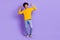 Full size photo of optimistic cool guy dressed yellow long sleeve denim pants directing at himself isolated on purple