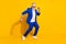 Full size photo of positive grey beard elder man dance wear spectacles blue jacket isolated on yellow background