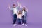 Full size photo of rejoicing dad mom and little foxy lady wear casual clothes  purple background