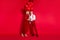 Full size photo of retired husband wife celebrate romance air balls inflate suspenders isolated over red color