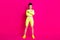 Full size photo of serious sportswoman cross arms show decline signal wear yellow short isolated on bright pink color