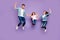 Full size photo of three jumping high family members celebrating good news wear casual clothes  purple
