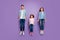 Full size photo of three jumping high family members wear casual clothes  purple background