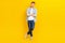 Full size photo of young attractive handsome confident man folded hands expert waiting deal isolated on yellow color