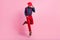 Full size photo young bearded mysterious mister man hold his red hat wear costume charismatic pose isolated on pink