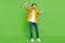 Full size photo of young good looking excited crazy guy open hands meet friend hug embrace isolated on green color
