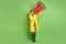 Full size photo of young happy excited crazy positive man in raincoat hold hug watermelon isolated on green color