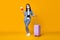 Full size photo of young lady journalist rolling bag photographer travel abroad airport quarantine registration tickets