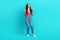 Full size portrait of disappointed unsatisfied girl raise fists scream yell isolated on teal color background