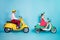 Full size profile photo of funny lady guy couple drive retro moped travelers easy way traffic jam good mood not rushing