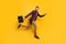 Full size profile photo of handsome stylish business guy jump high up rushing work office hold briefcase wear plaid