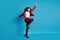 Full size profile photo of hooray girl jump wear red jacket trousers boots isolated on blue color background