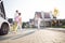 Full size profile photo of optimistic full family go meet near home car outdoors