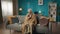 Full-size shot of an eldery, retired man, senior citizen sitting on a couch, sofa wrapped in blanket, measuring his