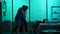 Full-sized silhouette video a patient with mobility impairment entering the room leaning on a crutch. A female doctor