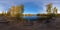 Full spherical 360 by 180 degrees panorama of evening autumnal lake with birch forest on its shores