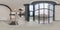 full spherical hdri 360 panorama view in empty modern hall near panoramic windows with columns, staircase and doors in