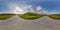 Full spherical hdri panorama 360 degrees angle view on pedestrian footpath and bicycle lane path near round tunnel and  high