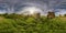 Full spherical seamless hdri panorama 360 degrees angle view near walls of abandoned ruined stone farm building with evening