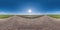 Full spherical seamless hdri panorama 360 degrees angle view on no traffic white sand gravel road among plowed fields with clear