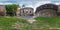 Full spherical seamless hdri panorama 360 degrees in the yard near fortress wall  uniate church in equirectangular projection with