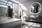 Full of sun light white minimalistic bathroom, black and white, silver interior elements