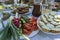 Full table of ukrainian meals on the table for eat. Table with many ready meals and food in the summer garden, outdoors, closeup