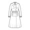 Full Trench coat technical fashion illustration with belt, double breasted, sleeves, napoleon lapel collar, storm flap.