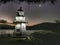 Full view of Akaroa Head lighthouse, Canterbury region of the South Island of New Zealand at night