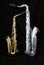Full view of two saxophones standing