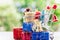 Full of Xmas decorative items in mini shopping cart or trolley a