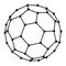 Fullerene, a molecular compound, convex closed polyhedra composed of tricoordinated carbon atoms from black lines and spheres.