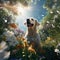 A fully clothed dog standing in a sea of flowers Generative AI