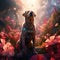 A fully clothed dog standing in a sea of flowers Generative AI