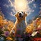 A fully clothed dog standing in a sea of flowers Generative AI