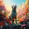 A fully clothed dog standing in a sea of flowers Generative AI