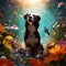 A fully clothed dog standing in a sea of flowers Generative AI