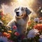 A fully clothed dog standing in a sea of flowers Generative AI