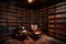 A fully stocked library, featuring rows of antique leather-bound books and a cozy reading corner with a vintage globe