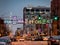 Fulton Market District entrance and streetscape during early evening. Main streets in Chicago, streets in Illinois