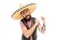 A fun accessory. Happy mexican man wearing traditional fashion accessory. Bearded man smiling in sombrero accessory