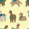 Fun alpaka and lama in festive decorations seamless pattern