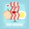 Fun breakfast, good morning funny food, Cute bacon holding coffee cup, fried egg, toast, isolated on background for card, poster,