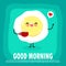 Fun breakfast, good morning funny food, Cute fried egg holding coffee cup isolated on background for card, poster, banner