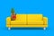 Fun Cartoon Fashion Hipster Cut Pineapple with Yellow Sunglasses and Big Red Lips over Yellow Modern Sofa. 3d Rendering