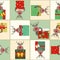 Fun cartoon reindeer in brown, red, green and gold holding presents. Patchwork geometric design. Seamless vector pattern