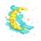 Fun cartoon yellow crescent moon among the stars and clouds icon. Yellow magic crescent moon with decoration on white