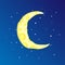 Fun cartoon yellow crescent moon among the stars icon. Yellow magic crescent moon with decoration on blue background