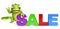 Fun Chameleon cartoon character with big sale sign